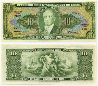 БРАЗИЛИЯ 10 КРУЗЕЙРО 1962 Жетулио Варгас Pick 177a бумага 8564-45-2