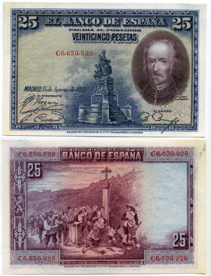 Испания 25 песет 1928 серия С 66309020, Педро Кальдерон де ля Барка Pick 74 b бумага aUNC 6279-6-3-1