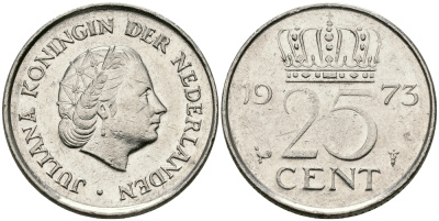 НИДЕРЛАНДЫ 25 ЦЕНТОВ 1973 ЮЛИАНА KM 183 никель 96-233