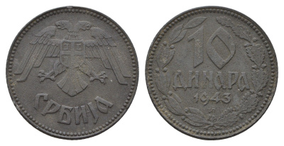 Сербия 10 динаров 1943 год-тип KM 33 цинк 4652-1123