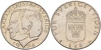 Швеция 1 крона 1984 Карл XVI Густав KM 852a медно-никель 181-841