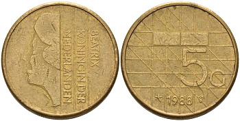 Нидерланды 5 гульденов 1988 Беатрикс (1980-2013) KM 210 никель плакированный бронзой 4572-842