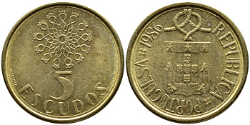 ПОРТУГАЛИЯ 5 ЭСКУДО 1986 KM 632 никель латунь 61-1145