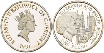 Гернси 1 фунт 1997 Елизавета и Филлип, золотая свадьба KM 70 серебро PROOF 02-117-32