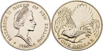 Новая Зеландия 1 доллар 1980 веерохвостка на ветке, Елизавета II (1952-2022) KM 49 медно-никель UNC 4552-1135