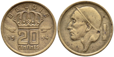 Бельгия 20 сантимов 1954 Belgie, Бодуэн I (1951-1993) KM 147.1 бронза 4392-849
