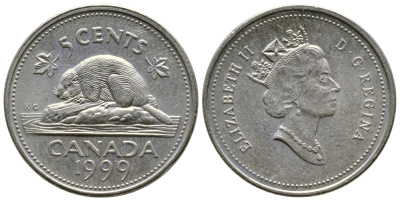 КАНАДА 5 ЦЕНТОВ 1999 БОБЕР KM 182 медно-никель 84-1523