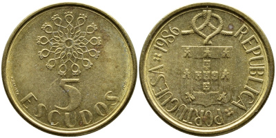 ПОРТУГАЛИЯ 5 ЭСКУДО 1986 KM 632 никель латунь 61-1145
