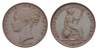 Великобритания 1 фартинг 1845 Виктория (1837-1901) KM 725, Spink 3950 бронза 1520-1133