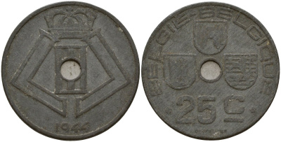 Бельгия 25 сантимов 1944 Belgie - Belgique, Леопольд III (1934-1947), германская оккупация, Вторая мировая война KM 132 цинк 4157-626