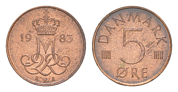 Дания 5 эре 1983 R; B, Маргрете II (1972-2024) KM 859 железо плакированная медью 4651-824