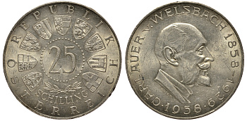 Австрия 25 шиллингов 1958 100 лет со дня рождения Карла Вельсбаха KM 2884 серебро aUNC 1520-115