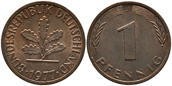 ФРГ 1 пфенниг 1977 J KM 105, J.380 сталь плакированная медью 99-337