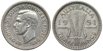 Австралия 3 пенса 1951 m, Георг VI (1937-1952), без букв KM 44 серебро 71-321