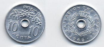 Греция 10 лепта 1969 Константин II (1964-1973), виноградная гроздь KM 78 алюминий UNC 41-615