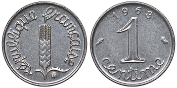 Франция 1 сантим 1968 пятая республика KM 928, Le Franc 106.15 нержавеющая сталь 4124-415