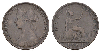 Великобритания 1/2 пенни 1861 Виктория (1837-1901) KM 748, Spink 3956 бронза 4657-622