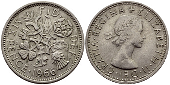 Великобритания 6 пенсов 1966 Елизавета II (1952-2022) KM 903, Spink 4149 медно-никель 75-158