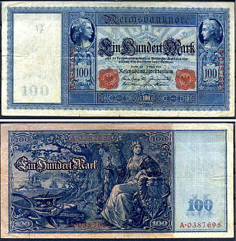 Германия 100 марок 1910 21 апреля 1910, красная печать, Меркурий и Церера, белая бумага Pick 42 (1) бумага 00-00