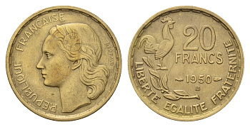 Франция 20 франков 1950 B, Петух KM 917.1 алюминиевая бронза 4118-641