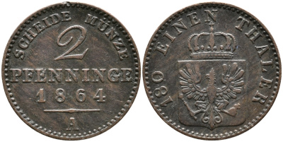 ПРУССИЯ 2 ПФЕННИГА 1864 А, ВИЛЬГЕЛЬМ I (1861-1888) KM 481 медь 100-634
