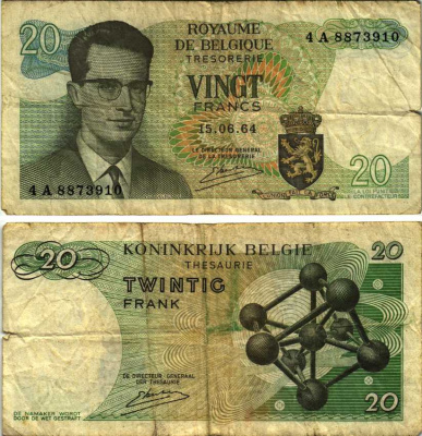 Бельгия 20 франков 1964 Бодуэн I, атомиум, Kestens Pick 138 (3) бумага 7486-38-1-1
