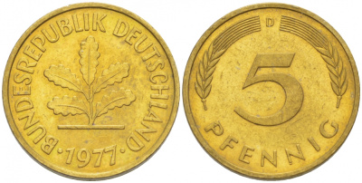 ФРГ 5 ПФЕННИГОВ 1977 D KM 107, J.382 сталь плакированная латунью 3996-1152