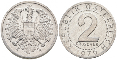 Австрия 2 гроша 1976 из ролла KM 2876 алюминий UNC M14-17