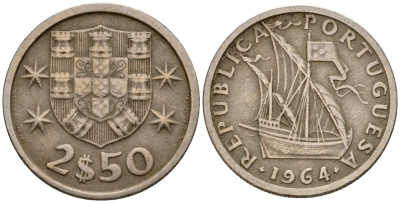 Португалия 2,5 эскудо 1964 парусник KM 590 медно-никель 4602-316