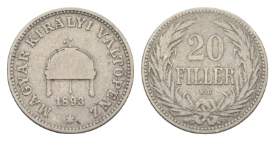 Венгрия 20 филлеров 1893 KB, Франц Иосиф I (1848-1916) KM 483 никель 4664-1123