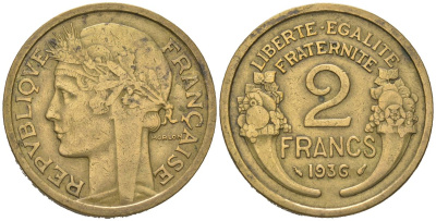 Франция 2 франка 1936 KM 886, Le Franc 268/9 медь алюминий 4582-226