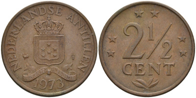 Нидерландские Антилы 2 1/2 цента 1973 Юлиана (1948-1980) KM 9 бронза 4595-417
