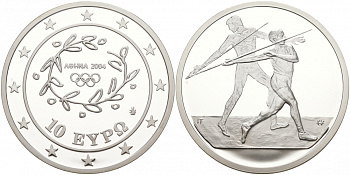 Греция 10 евро 2003 XXVIII летние Олимпийские игры 2004 года в Афинах, метание копья KM 193 серебро PROOF 02-039-34
