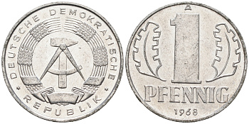 ГДР 1 ПФЕННИГ 1968 А KM 8.1 алюминий 4564-1237