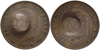 ФРАНЦИЯ 5 САНТИМОВ 1854 B, НАПОЛЕОН III (1852-1870) KM 777.2, LE FRANC 116.9 бронза 28-714