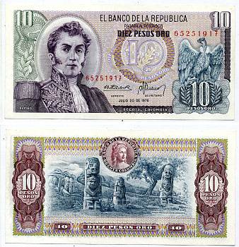 Колумбия 10 песо 1976 20 июля 1976, Антонио Нариньо Pick 407f бумага UNC (пресс) 7486-3-2-1