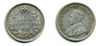 КАНАДА 5 ЦЕНТОВ 1913 ГЕОРГ V серебро 46-551