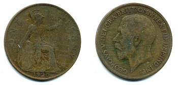 Великобритания 1 пенни 1920 Георг V (1910-1936) KM 810, Spink 4051 бронза 41-336