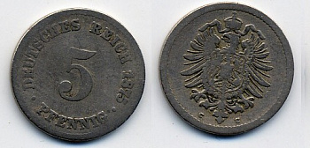 Германия 5 пфеннигов 1875 C, старогербовка KM 3, Jager 3, Weege 5 медно-никель 46-251