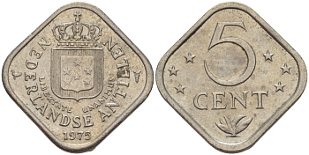 Нидерландские Антилы 5 центов 1975 Юлиана (1948-1980) KM 13 медно-никель 67-535