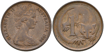 Австралия 1 цент 1966 Елизавета II, опоссум КМ 62 бронза    4602-558