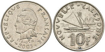 Французская Новая Каледония 10 франков 2003 рыбачья парусная лодка, (IEOM) KM 11, Schoen 13, Lec 99h никель 54-2246