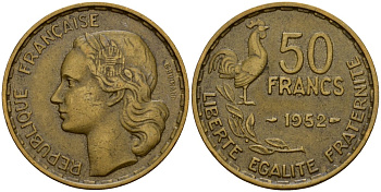 Франция 50 франков 1952 петух KM 918.1, Le Franc 425.8 алюминиевая бронза 4599-342
