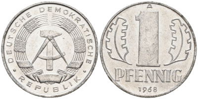 ГДР 1 ПФЕННИГ 1968 А KM 8.1 алюминий 4564-1237