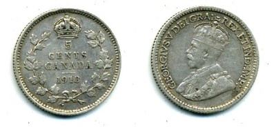 КАНАДА 5 ЦЕНТОВ 1913 ГЕОРГ V серебро 46-551