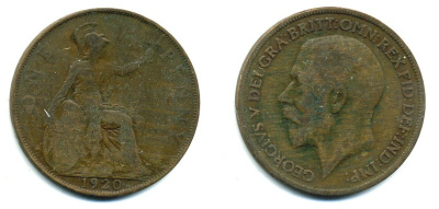 Великобритания 1 пенни 1920 Георг V (1910-1936) KM 810, Spink 4051 бронза 41-336