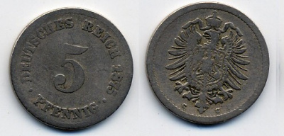 Германия 5 пфеннигов 1875 C, старогербовка KM 3, Jager 3, Weege 5 медно-никель 46-251