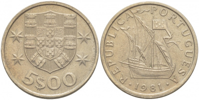 ПОРТУГАЛИЯ 5 ЭСКУДО 1981 ПАРУСНИК KM 591 медно-никель 87-1224
