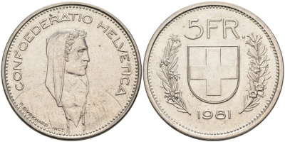 Швейцария 5 франков 1981 KM 40а медно-никель 88-1043