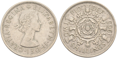 Великобритания 2 шиллинга (флорин) 1965 Елизавета II (1952-2022) KM 906, Spink 4146 медно-никель 189-646
